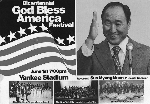 The Rev. Sun Myung Moon at a rally at Yankee Stadium in The Bronx, NY on July 1, 1976. Courtesy H.S.A.-U.W.C.
